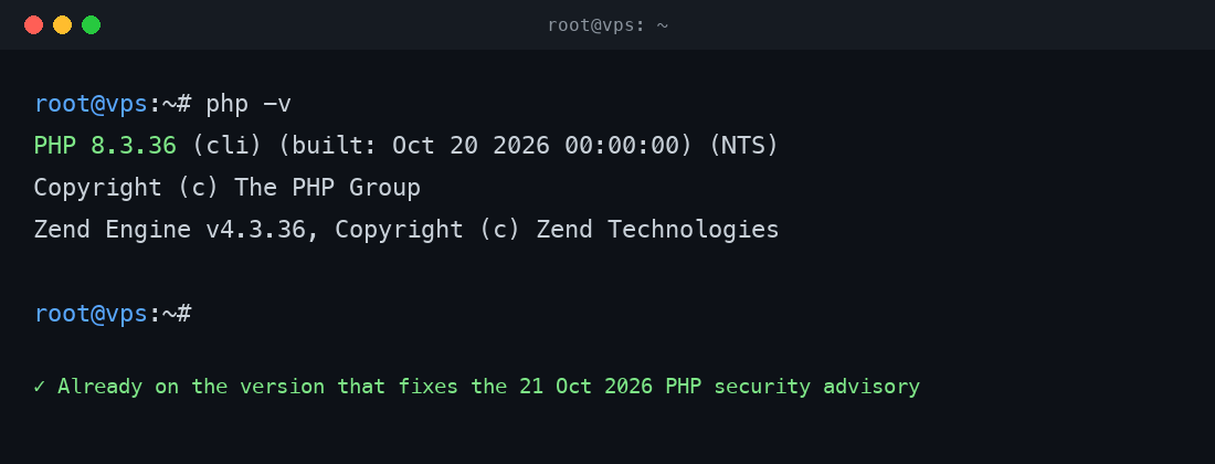 Terminal showing php -v output confirming PHP 8.3.36, the version that fixes the 21 October 2026 security advisory
