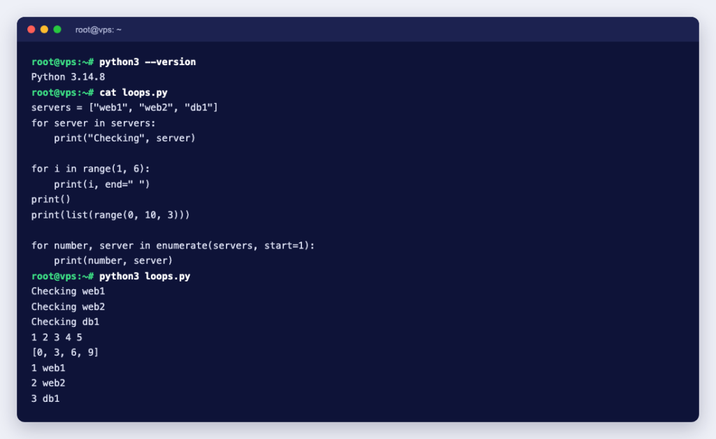 Terminal running the Python for loop examples on Python 3.14.8