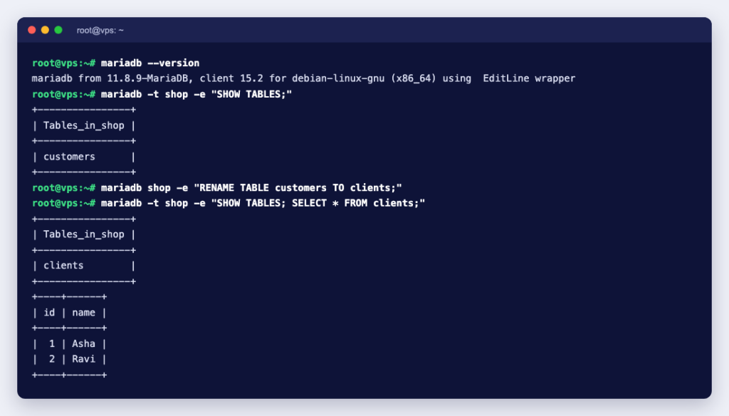 Terminal showing RENAME TABLE renaming customers to clients on MariaDB 11.8.9, with the rows kept