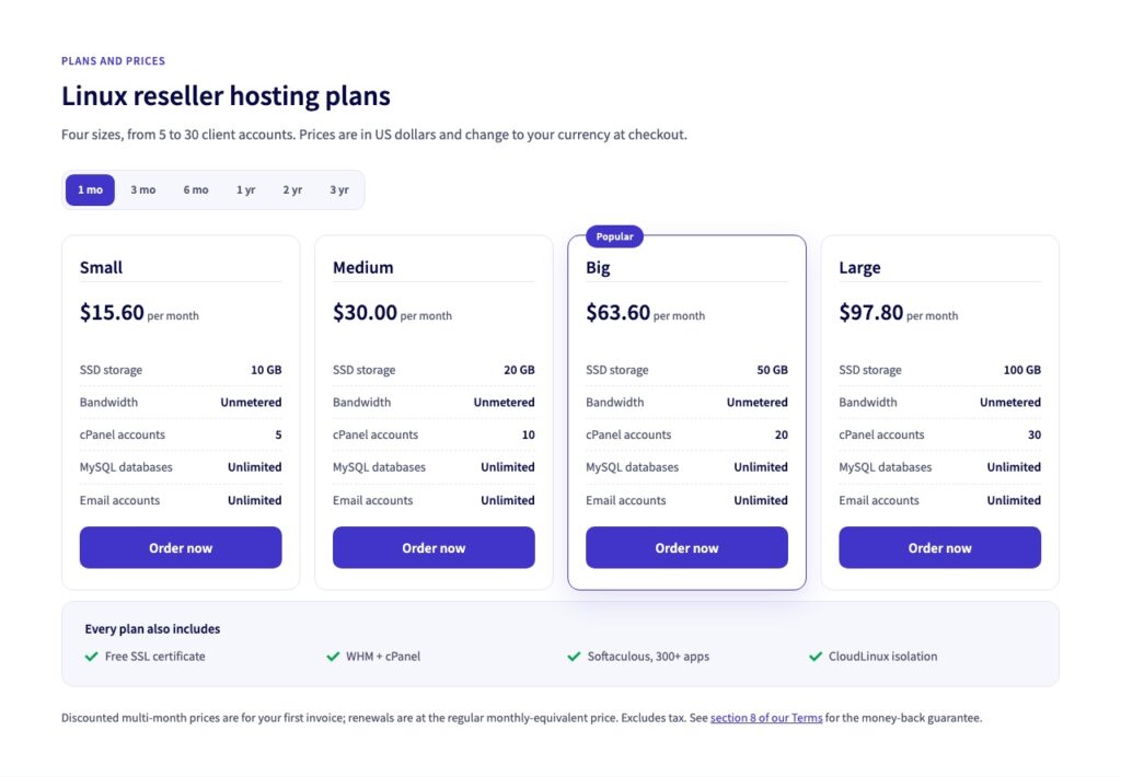 Ucartz cPanel reseller hosting plans from 15.60 USD a month, with 5 to 30 cPanel accounts