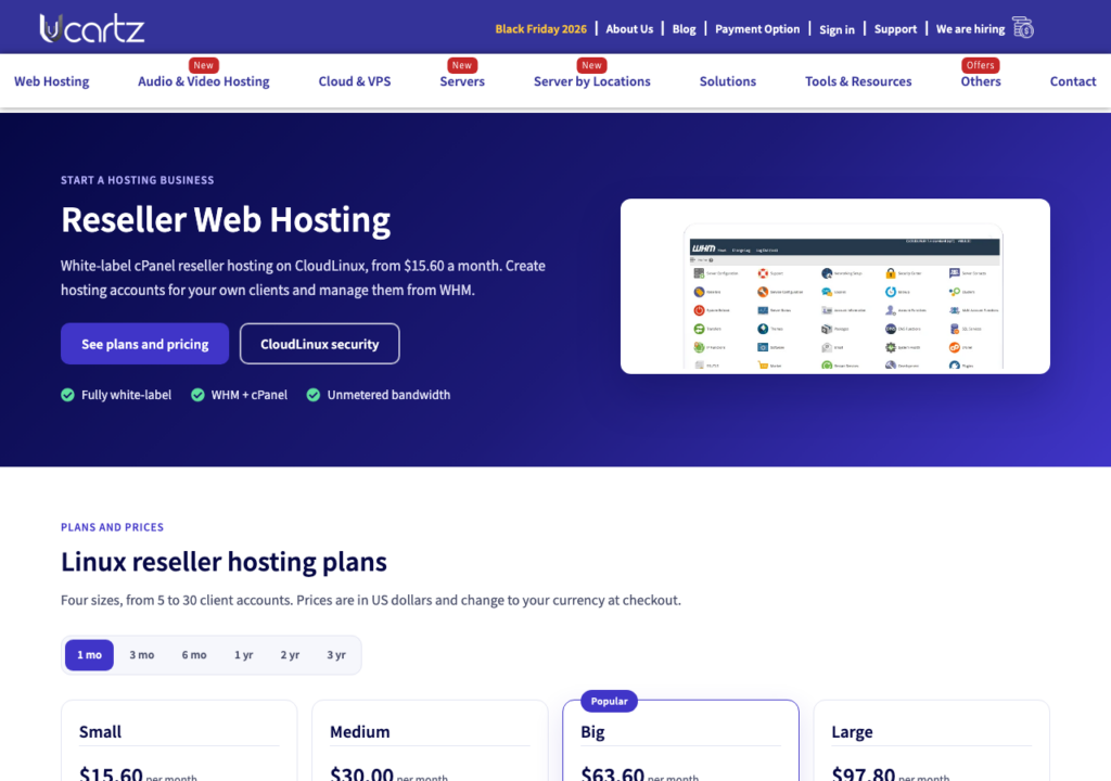 Ucartz reseller hosting plans page showing white-label cPanel pricing from $15.60 a month