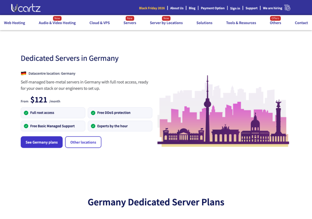 Ucartz Germany dedicated server page showing pricing from $121 a month