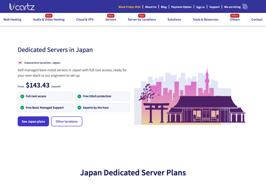 Ucartz Japan dedicated server page showing pricing from $143.43 a month
