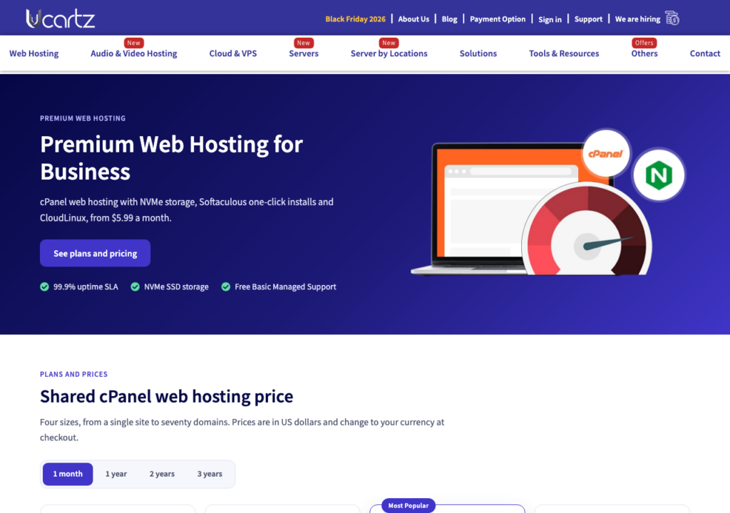 Ucartz Premium Web Hosting for Business page showing cPanel hosting from $5.99 a month