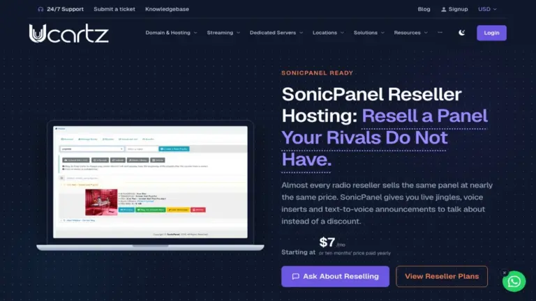 Ucartz SonicPanel Reseller Hosting page showing plans from $7 a month