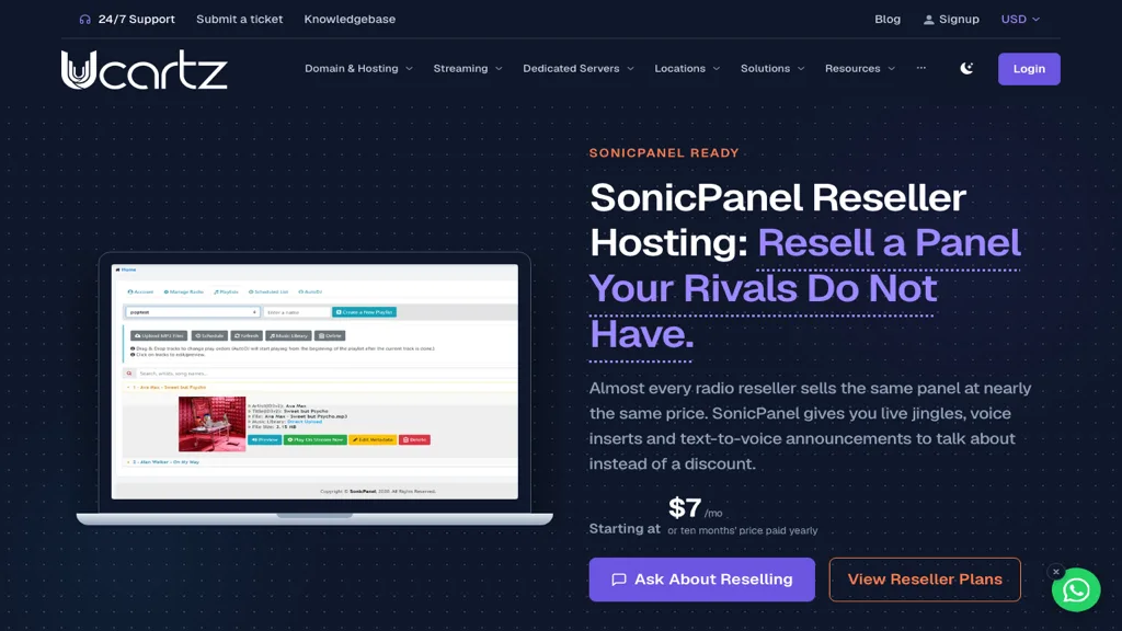 Ucartz SonicPanel Reseller Hosting page showing plans from $7 a month