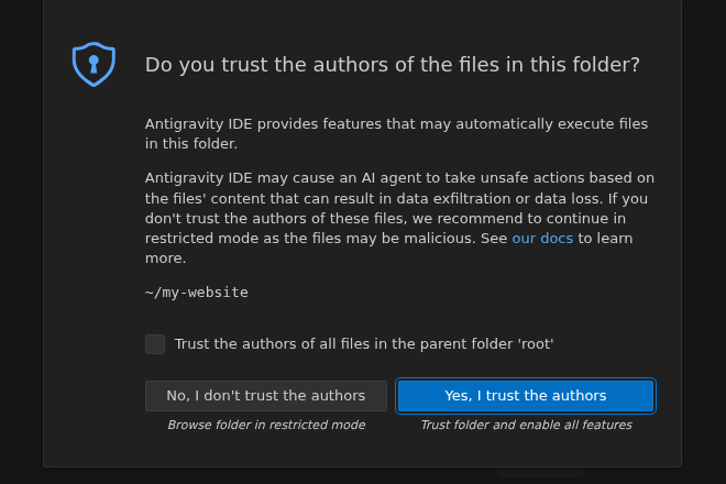Antigravity IDE asking: Do you trust the authors of the files in this folder?