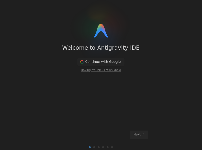 Antigravity IDE first screen: Welcome to Antigravity IDE with a Continue with Google button