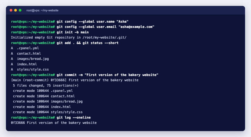 Terminal showing git config, git init, git add, git commit and git log for the sample bakery website