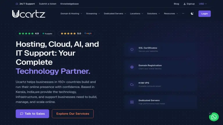 Ucartz website homepage in the new dark theme