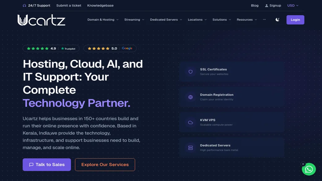 Ucartz website homepage in the new dark theme