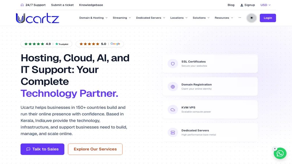 Ucartz website homepage in the new light theme