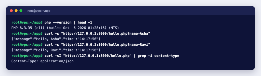 Terminal showing the hello.php web application returning a JSON greeting for each request on PHP 8.3