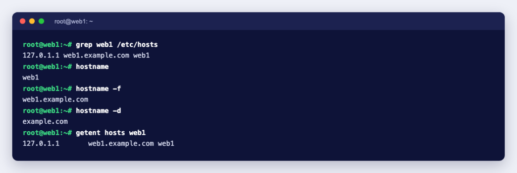 Terminal showing hostname, hostname -f and hostname -d for a server named web1.example.com