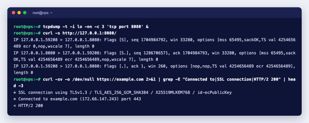tcpdump output showing the SYN, SYN-ACK and ACK packets of a TCP three-way handshake