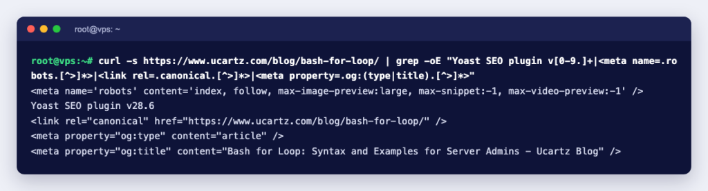 Terminal showing the robots, canonical and Open Graph tags Yoast SEO 28.6 adds to a post on the Ucartz blog