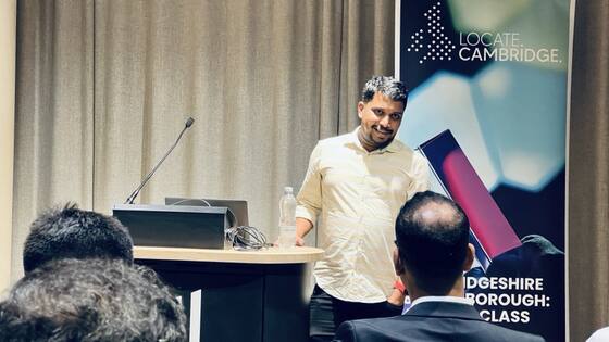 Ebin V Thomas speaking at a technology session in Cambridge, UK, during the London Tech Week visit in 2023